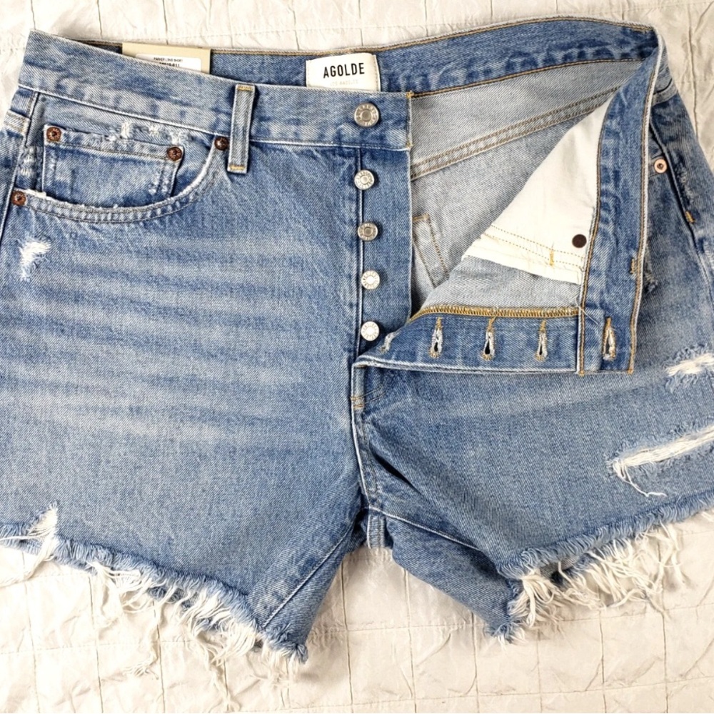 NEW Agolde Womens Size 23 Parker Long Denim Shorts Cut Off Distressed ButtonFly